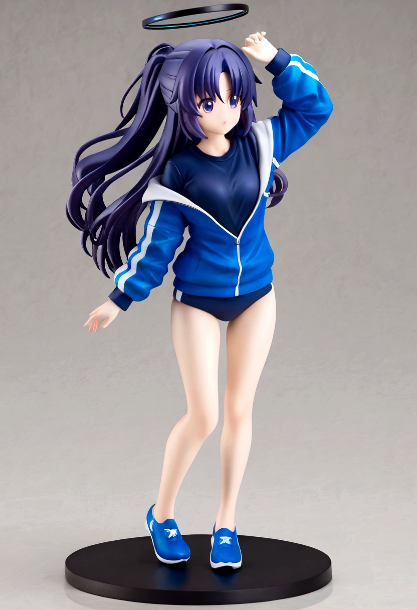 anime style, front view, hayase yuuka, ponytail, halo, gym uniform, open jacket, Volumetric light, Volumetric particles, Elegant standing pose.