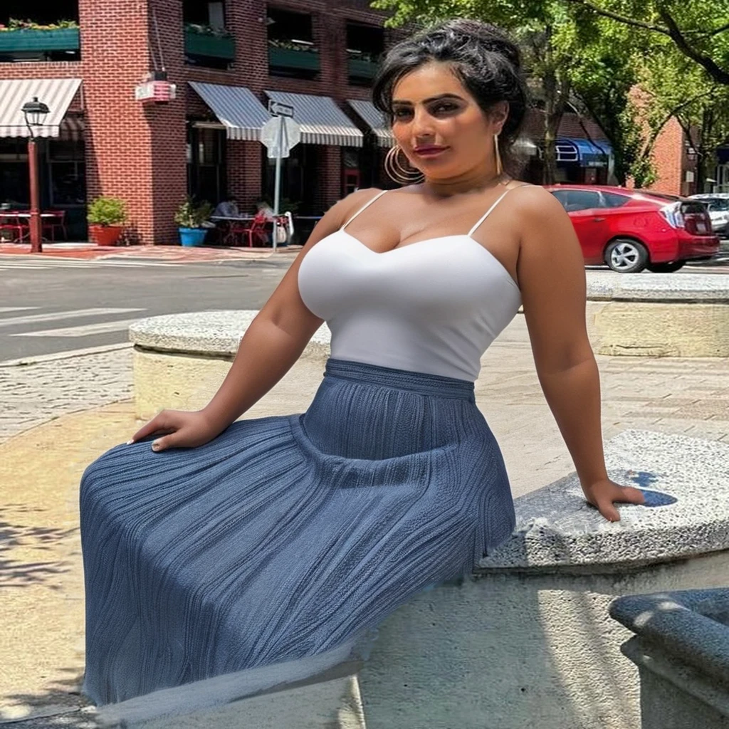 A beautiful young woman, curvy figure, tan skin, wearing a tight above knees y skirt and a low-cut, V-neck top with short skirt, cleegs and thighs exposed, large natural breasts, in details, photorealistic, highly detailed, 8k, best quality, masterpiece.