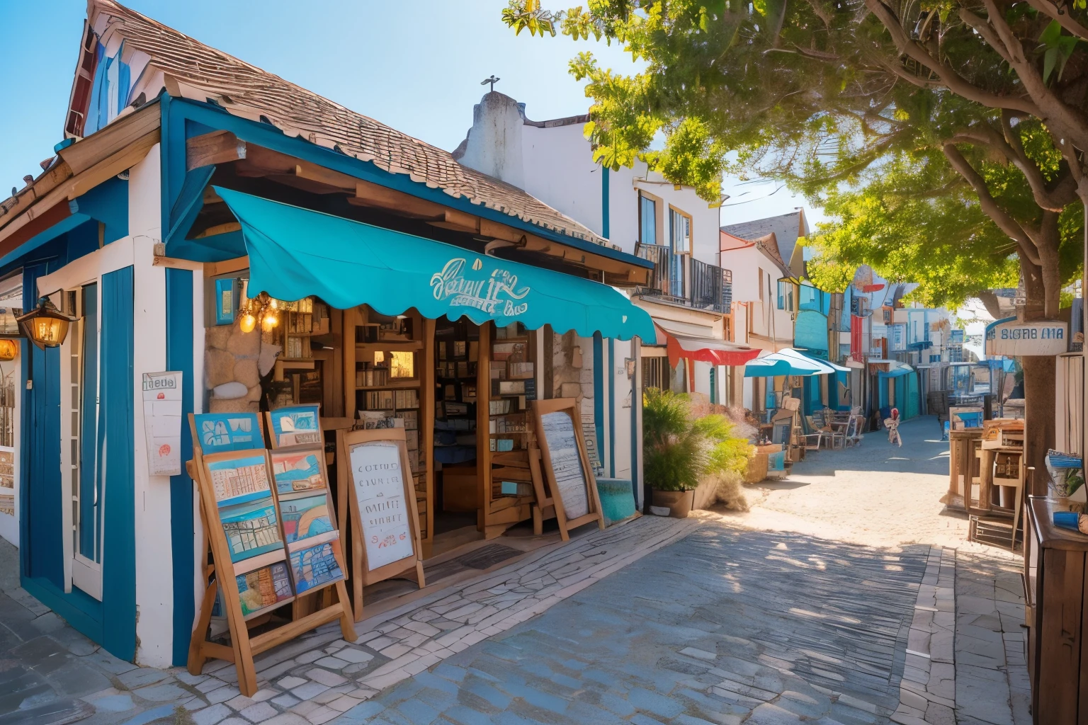 a beautiful seaside souvenir shop, stunning ocean landscape, warm afternoon sunlight, rustic wooden architecture, colorful local merchandise, detailed shop signs, quaint cobblestone street, picturesque coastal town, atmospheric lighting, (best quality,4k,8k,highres,masterpiece:1.2),ultra-detailed,(realistic,photorealistic,photo-realistic:1.37),landscape,vibrant colors,natural lighting