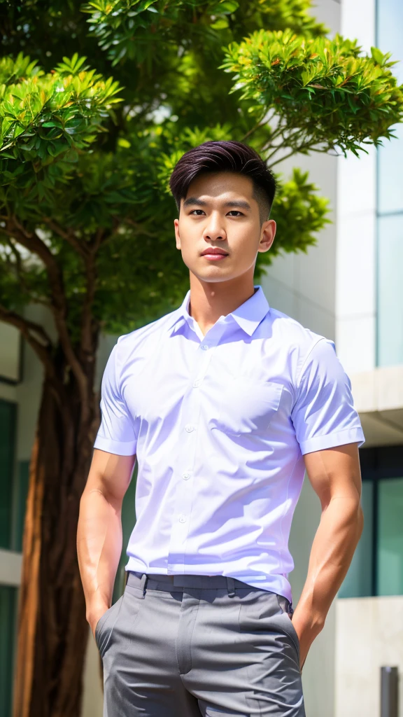 Masterpiece, best quality, High quality, วอลล์เปเปอร์ CG unity 8k ที่มีvery detailed, depth of field, HDR,,photorealistic,very detailed, 1 man sitting on a chair, Asia, black short hair, , (Thai , white shirt), blue cargo shorts, chest muscles, Big arm muscles, blood vessel, big muscles, Broad shoulders, looking at the audience, Balancing the eyes, (Make eye contact) (outside the building:1.3)