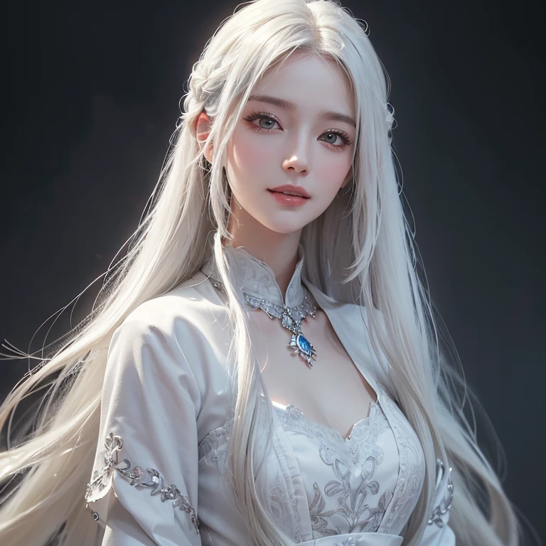 Dark atmosphere,The background is mid-century London、White Wolf、 ((highest quality、masterpiece、8k、Best image quality、Ultra-high resolution、Award-winning works)、(Accurate anatomy:1.1)、(Look at me and smile:1.1)、Shining fair skin with Ultra-high resolution、The most detailed face、Ultra-high resolution detailed face、Short, flowing white hair 、Beautiful face drawn in every detail、(Blurred Background:1.1)、Georgian traditional men's costume, Small breasts, A real wolf next to a girl