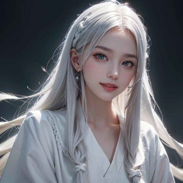 Dark atmosphere,The background is mid-century London、White Wolf、 ((highest quality、masterpiece、8k、Best image quality、Ultra-high resolution、Award-winning works)、(Accurate anatomy:1.1)、(Look at me and smile:1.1)、Shining fair skin with Ultra-high resolution、The most detailed face、Ultra-high resolution detailed face、Short, flowing white hair 、Beautiful face drawn in every detail、(Blurred Background:1.1)、Georgian traditional men&#39;s costume, Small breasts, A real wolf next to a girl 