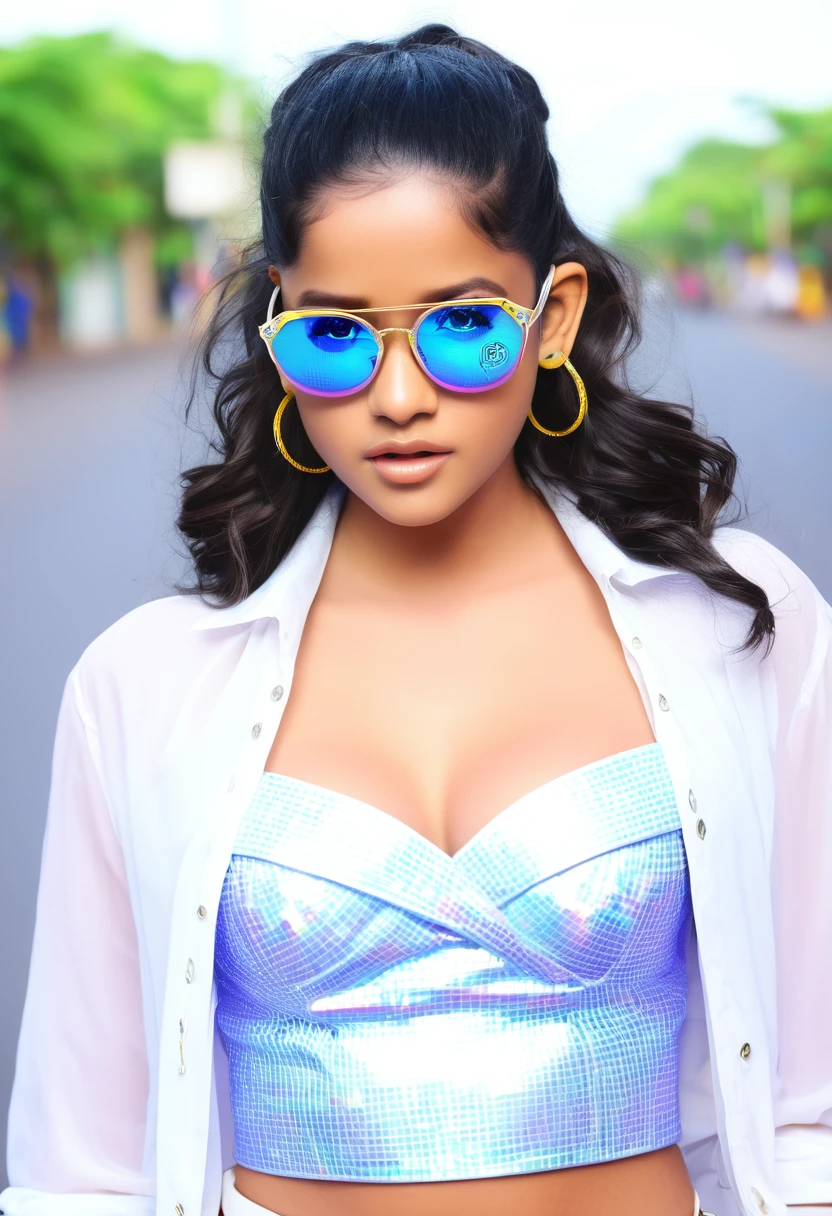 Portrait of an attractive beautiful tamil woman unbotton blouse, (( big chest)),inspirada em "Jenna Ortega"(altamente detalhado: 1.2), Hyper-detailed eyes and use of high-tech sunglasses with holographic display 1.2), seductive look, hyper realsitic