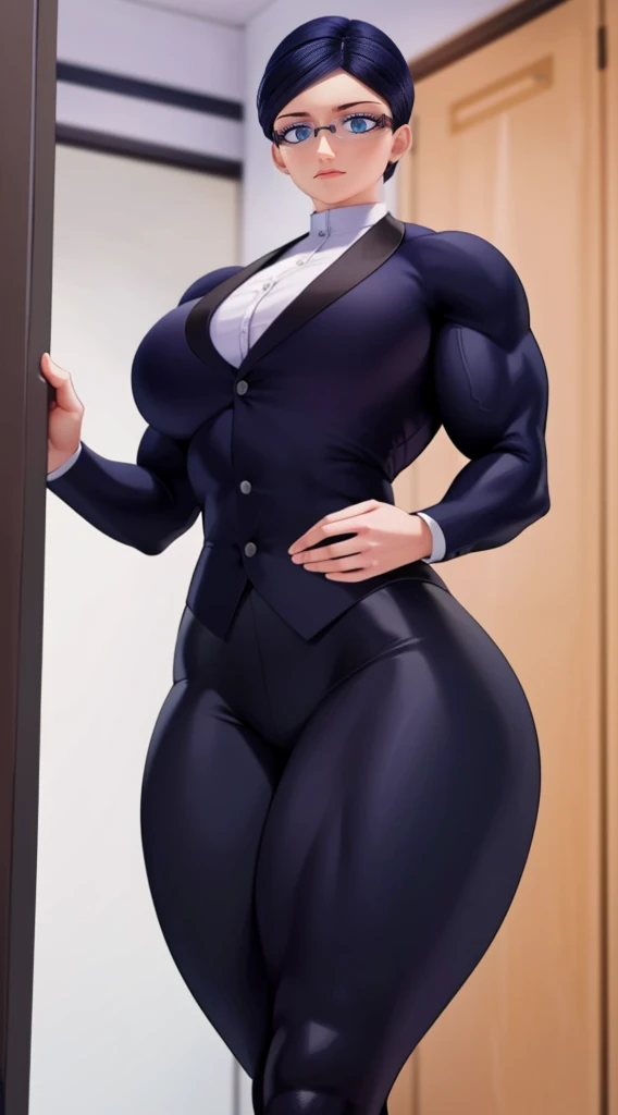 a muscular female bodybuilder in office suit, detailed face, beautiful detailed eyes, beautiful detailed lips, extremely detailed face and muscles, long eyelashes, strong muscles bulging through suit, dynamic pose, professional studio lighting, hyperrealistic, 8k, high quality, photorealistic, physically-based rendering, concept art, dramatic color palette,(abs)