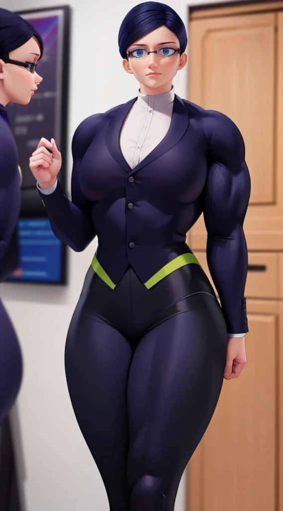 a muscular female bodybuilder in office suit, detailed face, beautiful detailed eyes, beautiful detailed lips, extremely detailed face and muscles, long eyelashes, strong muscles bulging through suit, dynamic pose, professional studio lighting, hyperrealistic, 8k, high quality, photorealistic, physically-based rendering, concept art, dramatic color palette,(abs)