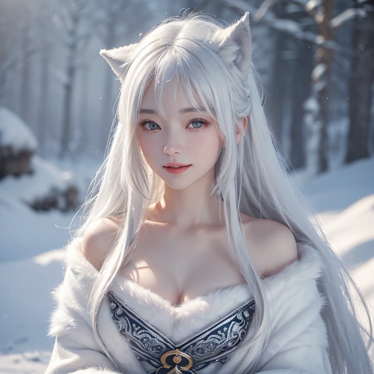 Snowy mountains、White Wolf、 ((highest quality、masterpiece、8k、Best image quality、Ultra-high resolution、Award-winning works)、(Accurate anatomy:1.1)、(Look at me and smile:1.1)、Shining fair skin with Ultra-high resolution、The most detailed face、Ultra-high resolution detailed face、Short, flowing white hair 、Beautiful face drawn in every detail、(Blurred Background:1.1)、 Inuit fur clothing, Chest to chest, A real wolf next to a girl 