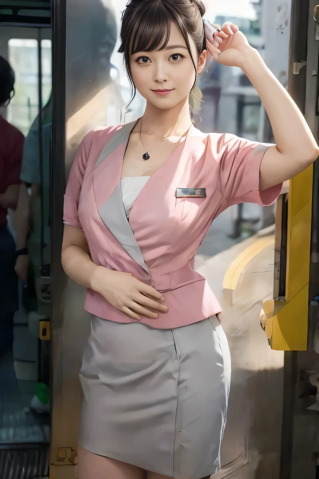 (masterpiece:1.2, highest quality:1.2), 32K HDR, High resolution, (alone、1 girl)、 (Height: 160cm)、(On the rooftop of a building in the daytime、Professional Lighting)、Building rooftop background、(Nankai train crew uniform pinkを着たリアルスタイル)、(Nankai train crew uniform pink short sleeve collarless pink jacket、Nankai Train Crew Uniform Pink Collarless Short Sleeve Blouse、Nankai Train Crew Uniform Pink Grey Knee-length Culottes)、Dark brown hair、(Hair tied up、Hair tied up、Evening curly hairstyle)、Dark brown hair、Long Shot、Big Breasts、Thin legs、((Great hands:2.0)),((Harmonious body proportions:1.5)),((Normal limbs:2.0)),((Normal finger:2.0)),((Delicate eyes:2.0)),((Normal eyes:2.0)))、smile、(Nankai Train Crew Uniform Pink Grey Knee-length Culottesを見せた美しい歩く姿)、Place your hands around your stomach、Lanyard employee ID card