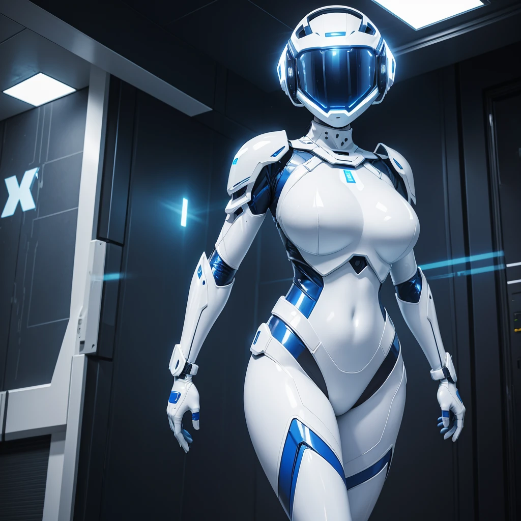 (masterpiece), (best quality), (high res) Solo, (perfect anatomy) Dronificated unknown woman in a fully (enclosed blue latex full body armor) (white LEDs across the suit) (white glowing core in the chest), (enclosed cyber helmet) that cover her whole face and hides her identity with a white screen, huge breast, narrow waist, wide hips and thick thigs, (no face) no face, no hair, no mouth, no eyes, in a lobby