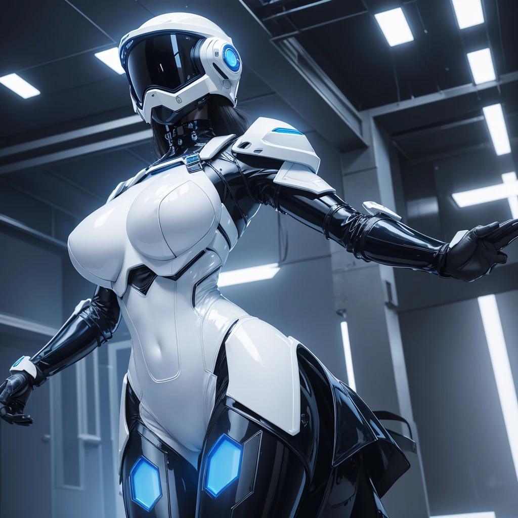 (masterpiece), (best quality), (high res) Solo, (perfect anatomy) Dronificated unknown woman in a fully (enclosed blue latex full body armor) (white LEDs across the suit) (white glowing core in the chest), (enclosed cyber helmet) that cover her whole face and hides her identity with a white screen, huge , narrow waist, wide hips and thick thigs, (no face) no face, no hair, no mouth, no eyes, in a lobby
