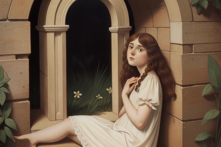 Pre-Raphaelite scene of a 18-year-old white girl in a nightgown from the 1910s, squeezing through a hole in the wall, A magical portal