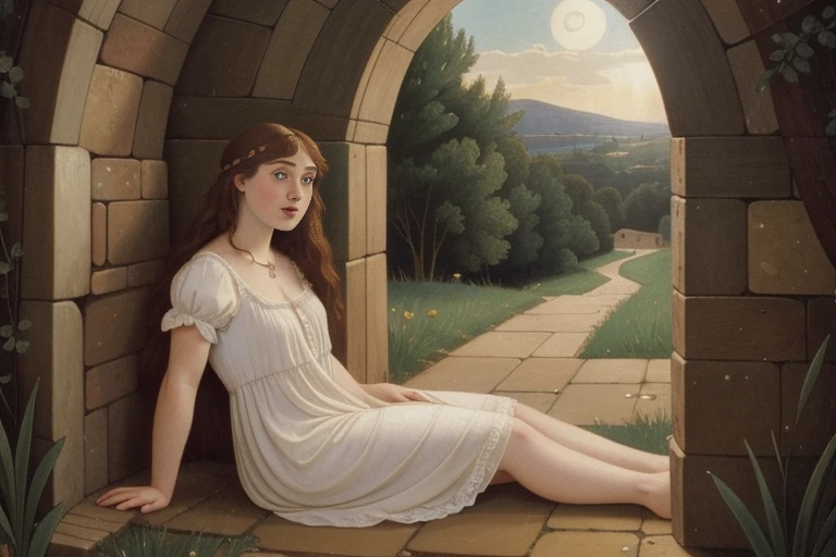 Pre-Raphaelite scene of a 18-year-old white girl in a nightgown from the 1910s, squeezing through a hole in the wall, A magical portal