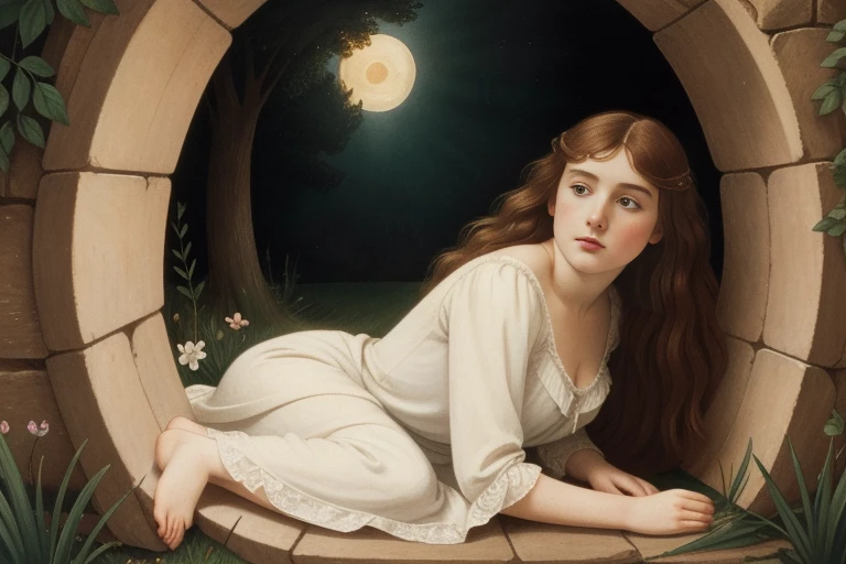 Pre-Raphaelite scene of a 18-year-old white girl in a nightgown from the 1910s, squeezing through a hole in the wall, A magical portal