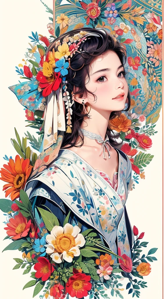 cute、Perfect Anatomy、Picturesque、sketch、texture、solo、Very detailed、(Fractal Art:1.1)、(Gentle colors:1.1)、(Floral:1.6)、Most detailed、(Zentangle:1.2)、(Dynamic pose)、(Abstract background:1.3)、(Glowing Skin)、(Many colors:0.8)、、(Earrings:1.4)、(feather:0.9)、Taisho romance,(masterpiece、highest quality、highest quality、Official Art、Beautiful and aesthetic:1.2)、