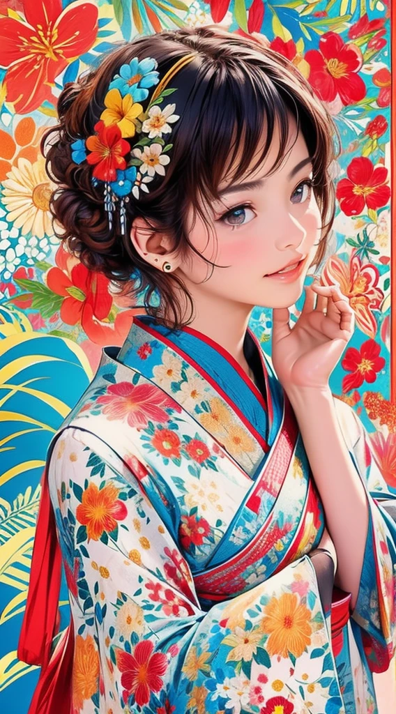 cute、Perfect Anatomy、Picturesque、sketch、texture、solo、Very detailed、(Fractal Art:1.1)、(Gentle colors:1.1)、(Floral:1.6)、Most detailed、(Zentangle:1.2)、(Dynamic pose)、(Abstract background:1.3)、(Glowing Skin)、(Many colors:0.8)、、(Earrings:1.4)、(feather:0.9)、Taisho romance,(masterpiece、highest quality、highest quality、Official Art、Beautiful and aesthetic:1.2)、