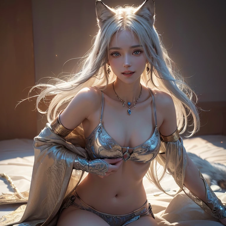 desert, Windy weather, White Wolf, ((highest quality, masterpiece, 8k, Best image quality, 超High resolution, Award-winning works), (Accurate anatomy:1.1), (Look at me and smile:1.1), Shining fair skin with 超High resolution, The most detailed face, 超High resolution detailed face, Short, flowing white hair, Beautiful face drawn in every detail, Colorful clothing of ancient Greece, Modest chest, A real wolf next to a girl, High resolution, 超High resolution, Studio Lighting, Ultra-fine painting, Sharp focus, Physically Based Rendering, Very detailed explanation, Professional, Vibrant colors, Bokeh, photographのようにリアル:1.37), Portraiture, landscape, Horror, anime, Science fiction, photograph, Concept Artist, Warm tones, Soft lighting, Dance with wolves.