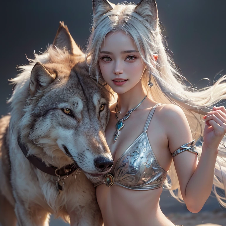 desert, Windy weather, White Wolf, ((highest quality, masterpiece, 8k, Best image quality, 超High resolution, Award-winning works), (Accurate anatomy:1.1), (Look at me and smile:1.1), Shining fair skin with 超High resolution, The most detailed face, 超High resolution detailed face, Short, flowing white hair, Beautiful face drawn in every detail, Colorful clothing of ancient Greece, Modest chest, A real wolf next to a girl, High resolution, 超High resolution, Studio Lighting, Ultra-fine painting, Sharp focus, Physically Based Rendering, Very detailed explanation, Professional, Vibrant colors, Bokeh, photographのようにリアル:1.37), Portraiture, landscape, Horror, anime, Science fiction, photograph, Concept Artist, Warm tones, Soft lighting, Dance with wolves.
