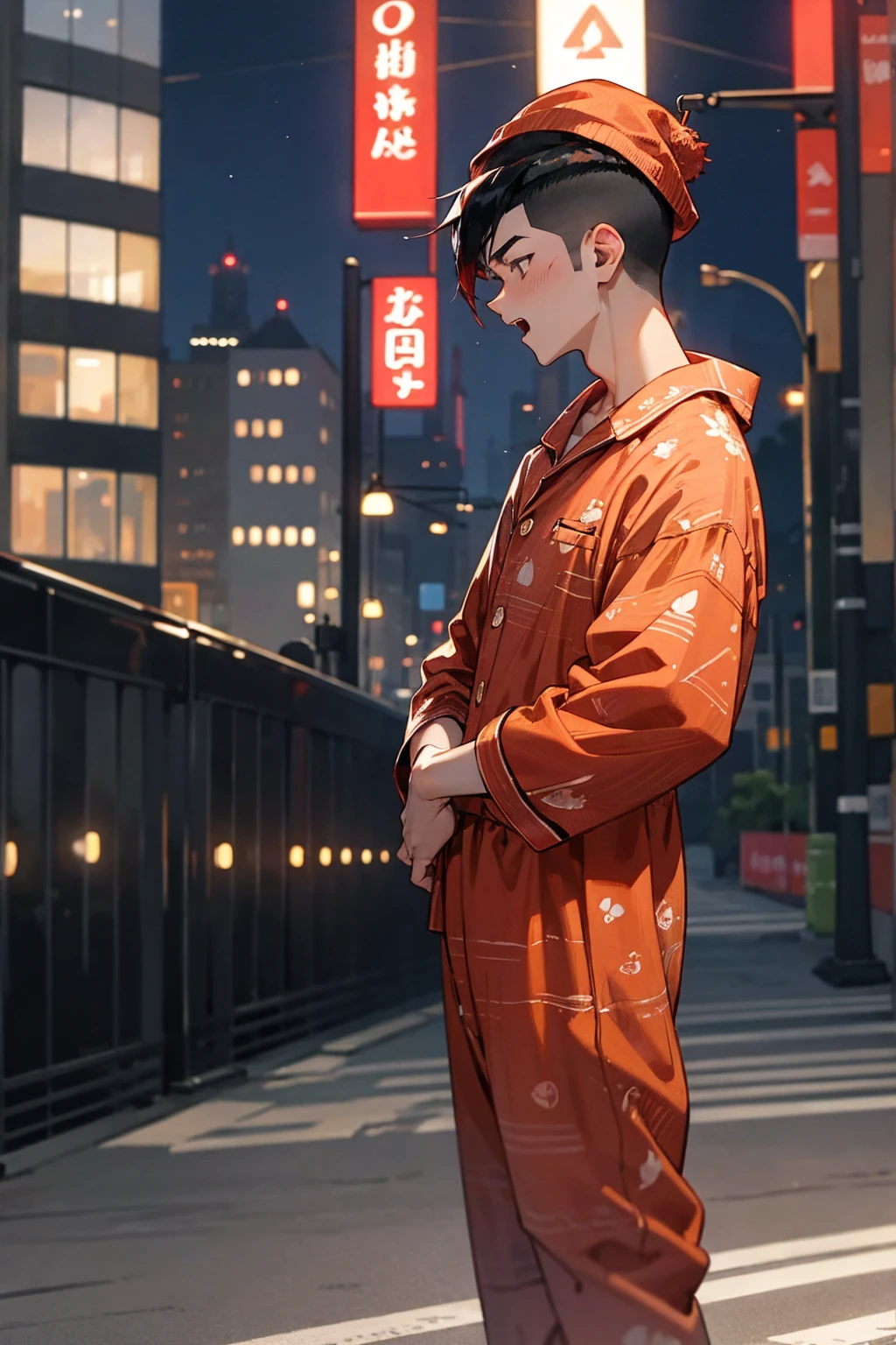 1male, faded undercut hair, red and black hair, yawning, tired, pajamas, pajama hat, city background, detailed background, hands to side, standing on path, night time