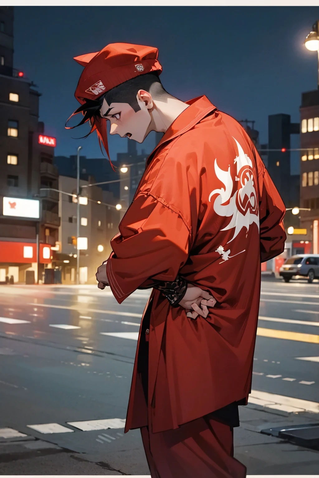 1male, faded undercut hair, red and black hair, yawning, tired, pajamas, pajama hat, city background, detailed background, hands to side, standing on path, night time