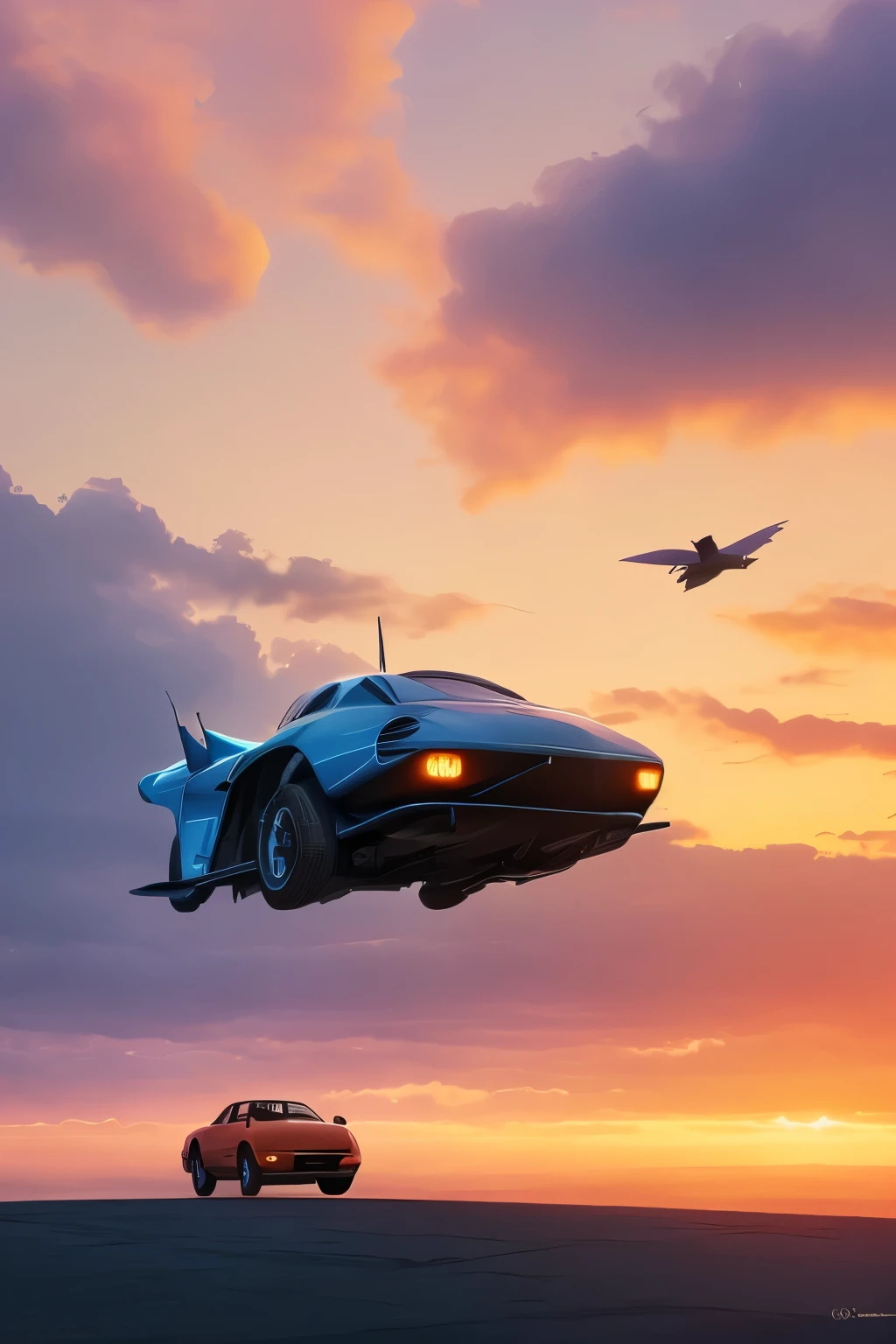 Scene One: Dawn Sailing Storyboard 1: Wide Shot: The city skyline is illuminated by the morning sun, casting a golden glow on the edges of the flying car as it ascends slowly from the morning mist, reminiscent of a phoenix emerging from its ashes. The backdrop transitions from a vibrant orange to a deep, mystical blue, symbolizing the gorgeous dawn sky.
Narration: "In this age, flying cars navigate among the clouds, symbolizing not just speed, but the connection that ties our souls. They are our winged horses, our bridges to the skies."
Storyboard 2: Close-up: The profile