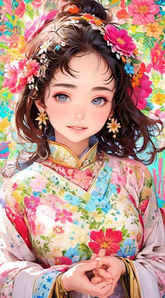 cute、Perfect Anatomy、Picturesque、sketch、texture、solo、Very detailed、(Fractal Art:1.1)、(Gentle colors:1.1)、(Floral:1.6)、Most detailed、(Zentangle:1.2)、(Dynamic pose)、(Abstract background:1.3)、(Glowing Skin)、(Many colors:0.8)、、(Earrings:1.4)、(feather:0.9)、Taisho romance,(masterpiece、highest quality、highest quality、Official Art、Beautiful and aesthetic:1.2)、