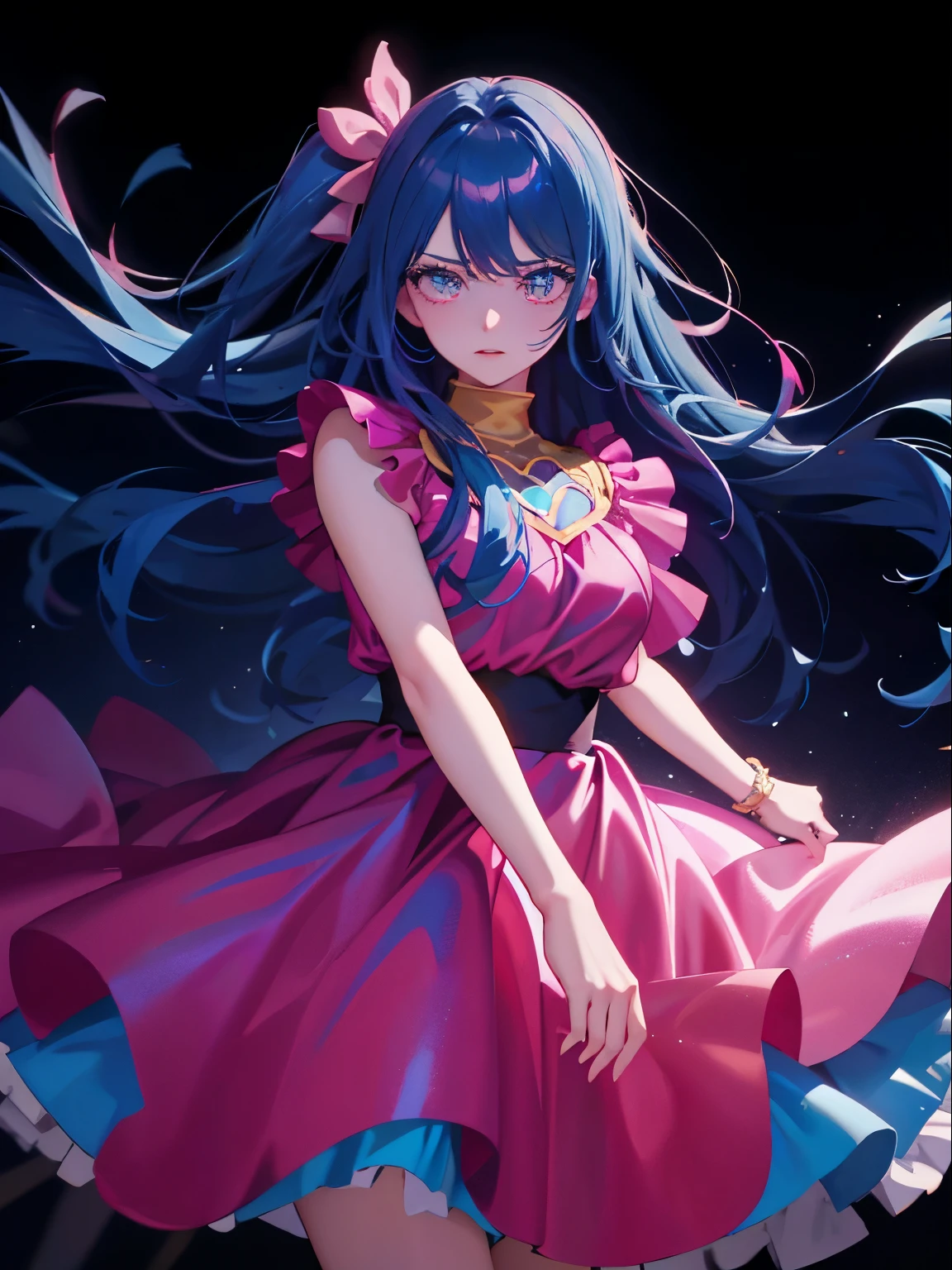 High quality picture, masterpiece, 4k, beautiful woman, long shiny blue hair, hair dancing in the wind, guessing girl, pink shiny dress, wearing lots of metal accessories on her waist, heavy make-up, singing on stage,

