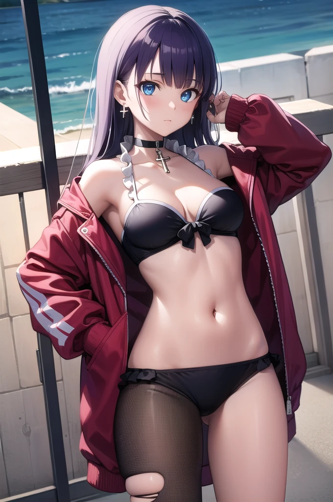 fgomartha, martha, blue eyes, blunt bangs, purple hair, straight hair, long hair,
BREAK bikini, choker, cross, cross choker, earrings, jacket, jewelry, lowleg, navel, swimsuit, red jacket,
BREAK looking at viewer,
BREAK outdoors, beach,
BREAK (masterpiece:1.2), best quality, high resolution, unity 8k wallpaper, (illustration:0.8), (beautiful detailed eyes:1.6), extremely detailed face, perfect lighting, extremely detailed CG, (perfect hands, perfect anatomy),