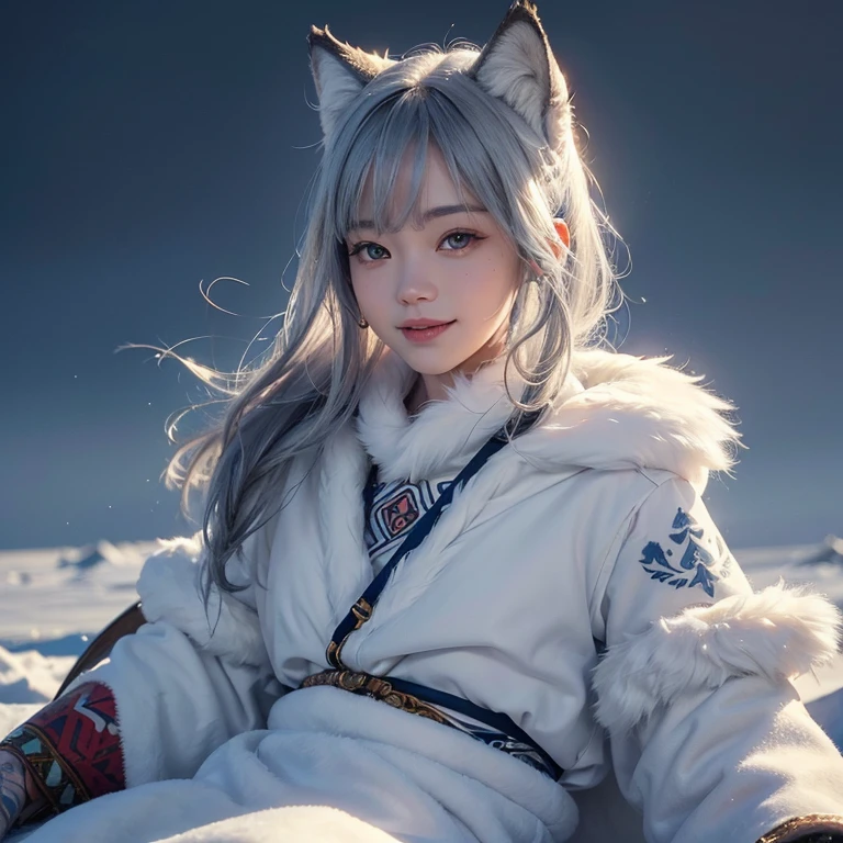 Snow Mountain、 ((highest quality、masterpiece、8k、Best image quality、Ultra-high resolution、Award-winning works)、(Accurate anatomy:1.1)、(Look at me and smile:1.1)、Shining fair skin with Ultra-high resolution、The most detailed face、Ultra-high resolution detailed face、White short hair blowing 、(Ultra-high resolutionの煌めく瞳:1.1)、Beautiful face drawn in every detail、(Blurred Background:1.1)、Warm Inuit clothing, tattoo, Next to me is a real wolf:1.5