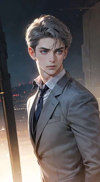 masterpiece, best quality, realistic, 1man, mature male, quiet and charming young man, 35 years old, close his eyes, serious look, extremely detailed face, ((dark grey blue eyes)), ((short-right-swept dark grey hair)), [thick eyebrows], detective, plain background, ((suit)), cinematic lighting, looking at the audience, posture dynamics