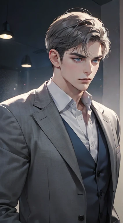 masterpiece, best quality, realistic, 1man, mature male, quiet and charming young man, 35 years old, close his eyes, serious look, extremely detailed face, ((dark grey blue eyes)), ((short-right-swept dark grey hair)), [thick eyebrows], detective, plain background, ((suit)), cinematic lighting, looking at the audience, posture dynamics