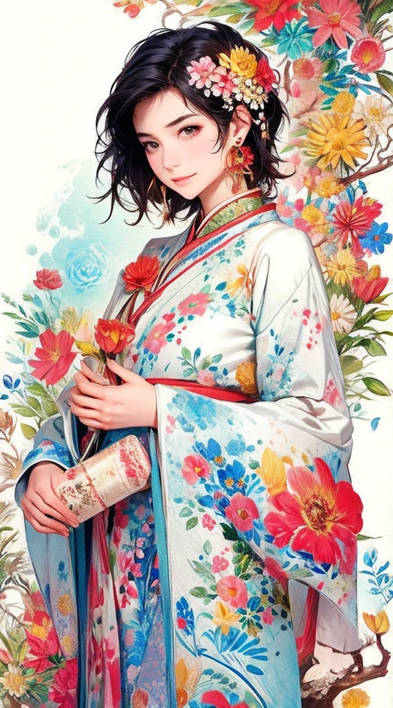 cute、Perfect Anatomy、Picturesque、sketch、texture、solo、Very detailed、(Fractal Art:1.1)、(Gentle colors:1.1)、(Floral:1.6)、Most detailed、(Zentangle:1.2)、(Dynamic pose)、(Abstract background:1.3)、(Glowing Skin)、(Many colors:0.8)、、(Earrings:1.4)、(feather:0.9)、Taisho romance,(masterpiece、highest quality、highest quality、Official Art、Beautiful and aesthetic:1.2)、