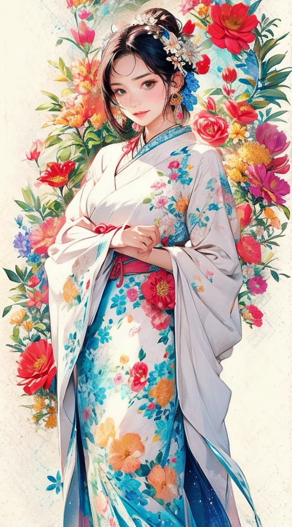 cute、Perfect Anatomy、Picturesque、sketch、texture、solo、Very detailed、(Fractal Art:1.1)、(Gentle colors:1.1)、(Floral:1.6)、Most detailed、(Zentangle:1.2)、(Dynamic pose)、(Abstract background:1.3)、(Glowing Skin)、(Many colors:0.8)、、(Earrings:1.4)、(feather:0.9)、Taisho romance,(masterpiece、highest quality、highest quality、Official Art、Beautiful and aesthetic:1.2)、