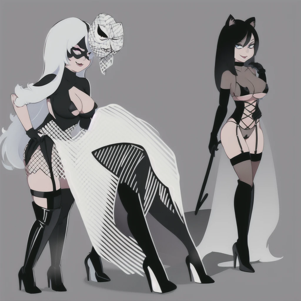  Black and white only. Mainline only.Vector line.Simple.Black Bikini.Black thigh-high boots with stiletto heels.Black corset.Black Long Gloves.Black garter belt.blonde.Full body image of a woman.No background.Cat mask.single