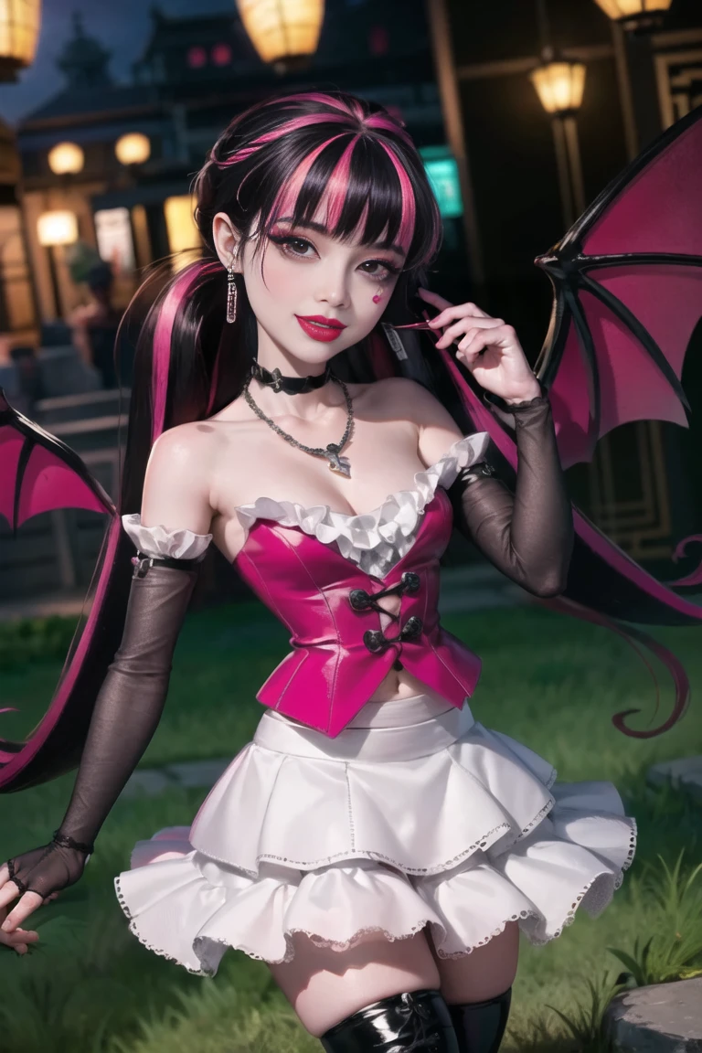 1 girl, a girl with bat wings on her back, perfectly hands, perfectly body, black choker, bat necklace, necklace, centered, bat jewelry, award winning upper body portrait, cowboy shot, (looking at viewer:1.2), |
Draculaura_MH, solo, black half hair, pink half hair, multicolored hair, long hair, ornamental Chinese hair, ornament hair, geisha style, tradicional chinese style, black skirt, pink knee boots, smiling, garden scenery, chinese lanterns, dark red roses on focus, garden, depth of field, cinematic composition, ((high quality)), ((Work of art)), (more detail), half black hair, half soft pink hair, wave hair, pink heart in the eyes, smile, vampire fangs, bat wings, white skirt, black dress with transparency, pink laces, black gloves, black high socks, high hills boots, bat jewelry, jewelry, seat on the grass, dark red roses on focus, Draculaura_(monster high), Monster High, looking at the viewer, more details on the clothes,