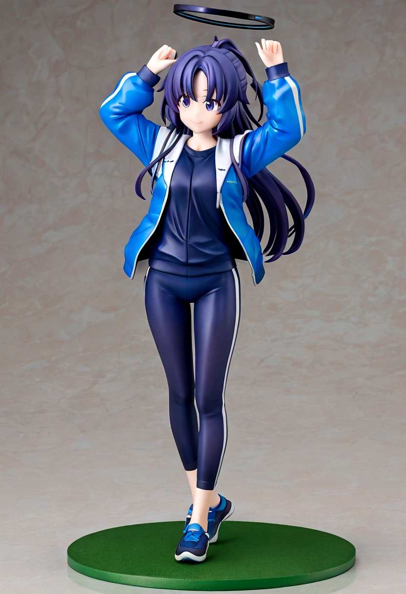 anime style, front view, hayase yuuka, smile, Sharp eyes, ponytail, halo, gym uniform, open jacket, Volumetric light, Volumetric particles, Elegant standing pose.