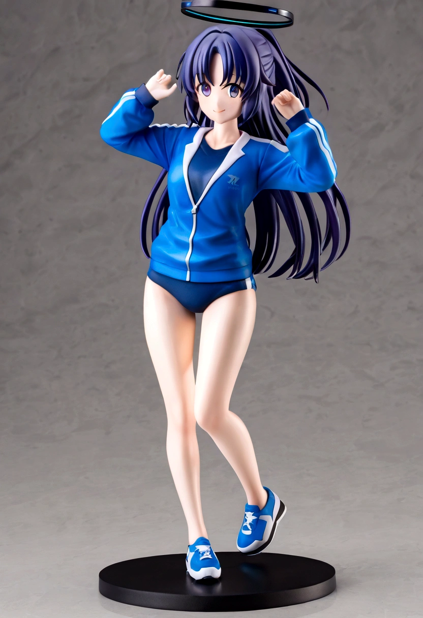 anime style, front view, hayase yuuka, smile, Sharp eyes, ponytail, halo, gym uniform, open jacket, Volumetric light, Volumetric particles, Elegant standing pose.