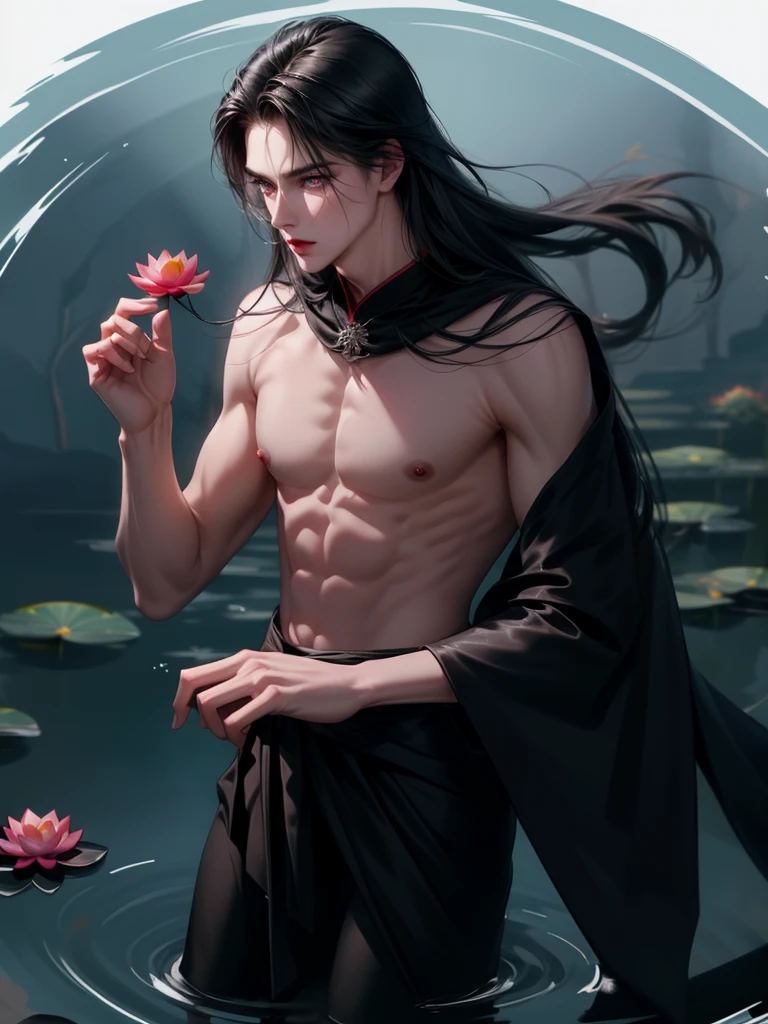 Yue Tian, a young boy born with a curse. Born amidst the forbidden forest A land shrouded in secrets and danger. His body was like a deadly lotus. Beautiful but hidden with a poisonous face:
Oval shape, slender and pointed, white skin as pale as snow. pitch black eyes Full of hidden power Thin lips, ruddy red, long flowing hair, jet black, flawless body.:
Tall, slender, proportionate, firm muscles. The skin is smooth, without blemishes, the movements are agile and fast, the eyes are hidden with intelligence, the posture:
Cold, reserved, doesn't talk much, radiates danger. The air around him was filled with power. clothing:
Simple black dress, bright red shawl. black leather shoes Decorated with silver accessories There is a cloth floating on the arm that smells.:
Smells cool, like wild flowers. Hidden with the stench of blood, including:
holding a floating red lotus Left chest area Eyes are bloodshot when angry, standing floating on the surface of the water.
