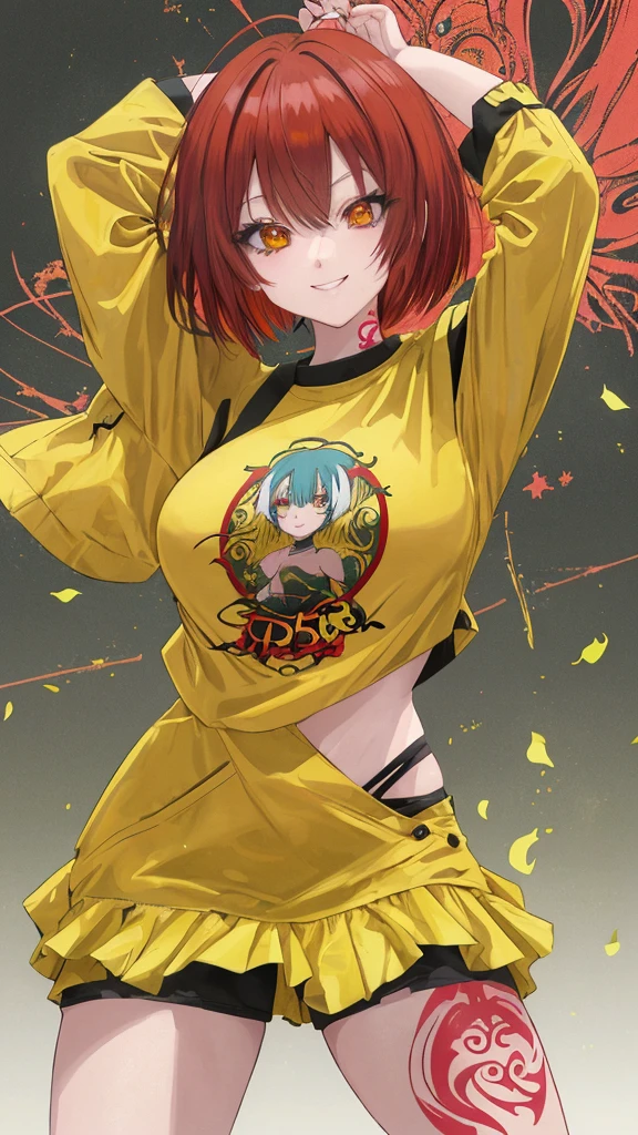 25 year old girl manga style, delgada con cabello corto color estilo bob color amarillo, ojos verdes oscuros, con mirada linda y sonrisa con busto estilo nanatsu no taizai, con ropa estilo anime, with top and crimson red chameleon tattoo on abdomen.
