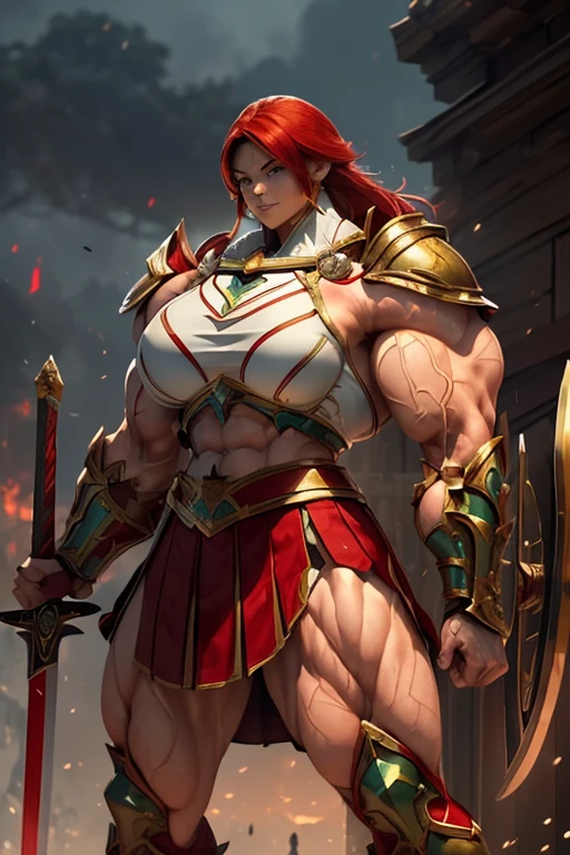 (((Massive, tall, beautiful, buff, muscular pale white skinned asian female spartan with red hair, ginormous bulky muscles, holding a sword and shield and wearing an all red gleaming spartan armor and pleated skirt))), (close view), black eyeliner, massive muscles, massive biceps, hyper muscle triceps, (long shaggy hair), green eyes, spartan boots, In a startan city, steel spartan armor, armor breastplate, nighttime, confident smile, hyper muscles arms, hyper muscle legs, (ginormous arms)