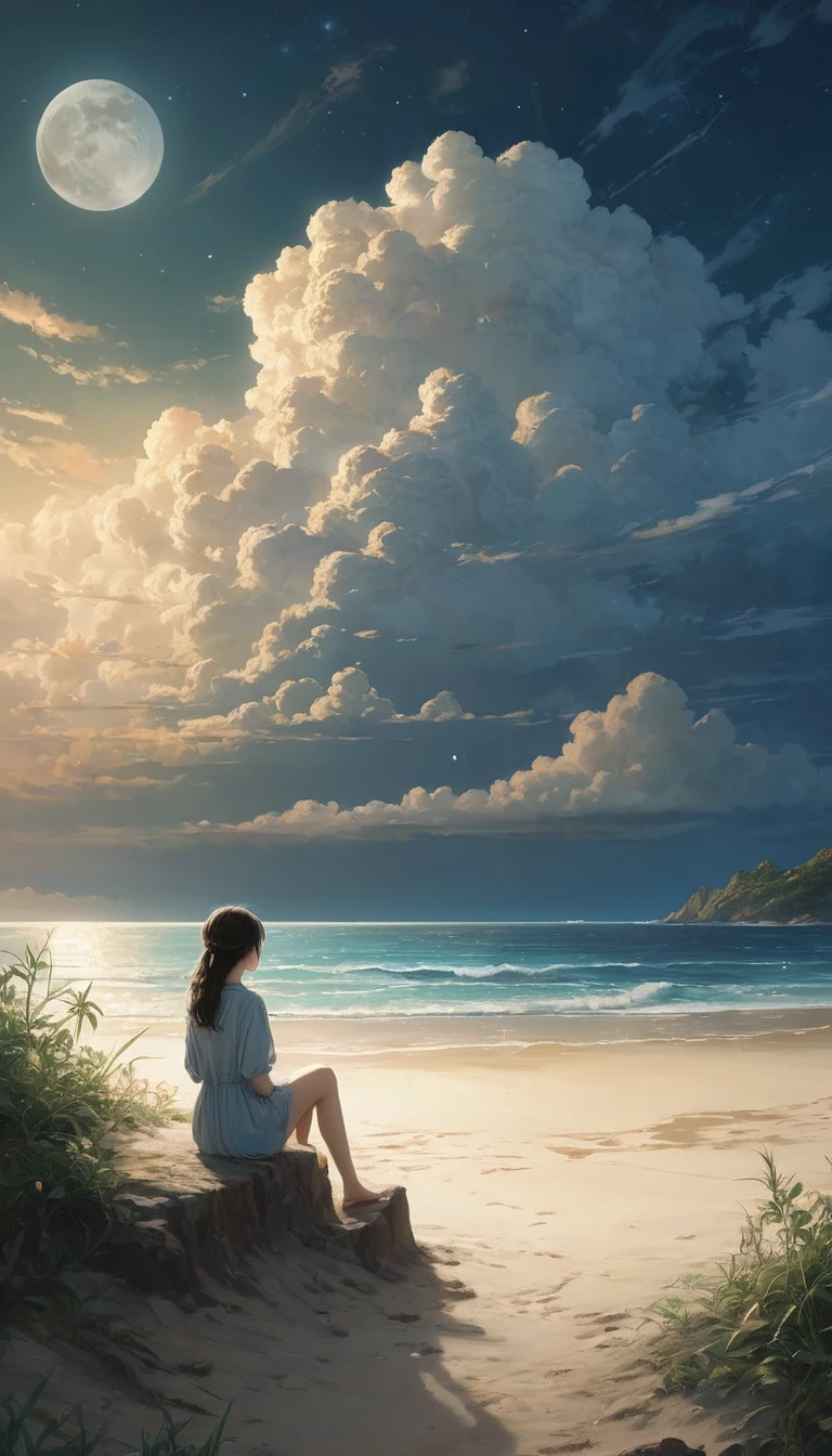 (A masterpiece of the highest quality:1.2)、A super detailed illustration，Perfectly shows the girl in the doomsday beach scenery。In the silence of the night、There is an atmosphere that is both sad and hopeful.。 that girl sits on the soft vegetation of the sandy beach、A figure can be seen in the cloudy sky。that girl&#39;Unspecified clothing.、Her figure、it&#39;Such exquisite rendering，So that every crease and texture is clearly visible.。Her hair fluttered in the wind、Low light in HDR landscapes,Beautiful nipples that are slightly visible through the skin,No underwear underneath the clothes,The butt is very small and flat,The waist is very thin,Small breasts,chest almost flat,Correct hand joint,Correct leg joint,Asahi,sunrise,Morning Glow,A beautiful girl of unparalleled beauty,Korean Beautiful Girl,Beautiful girl with great style,