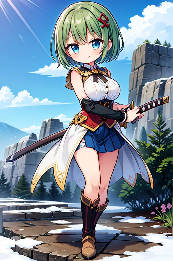 Fantasy,((Masterpiece)),((high resolution)),((Best Quality)),Anime illustration,((1girl)),(ウェーブがかったshort hair),(short hair),(Dark green hair),Braid,Large round light blue eyes,Droopy eyes,,baby face anasts,(very big breasts),(child),Short stature,veless white blouse,Blue mini skirt,slit,Brown corset,brown capelet,smile,Golden hair ornament,Brown long boots,blue sky,Snow Mountain,Full body image,battoujutsu,