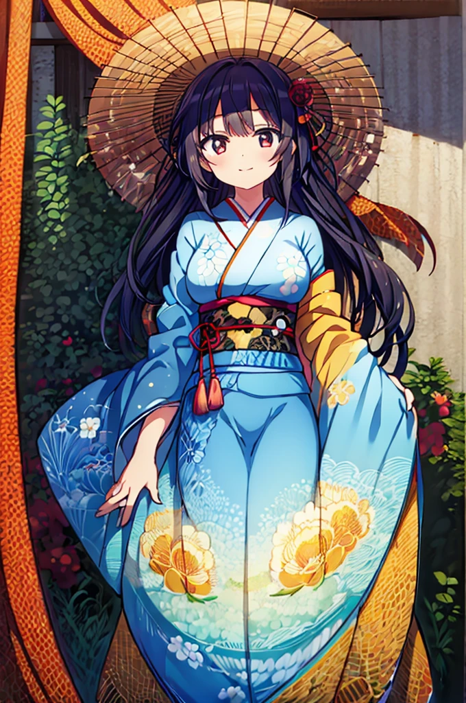 ((Masterpiece)),((high resolution)),((Best Quality)),Anime illustration,((1girl)),,(Black Hair),short hair,Short ponytail,Large, round scarlet eyes,Droopy eyes,smile,15 years old,(Young),baby face and big breasts,large breasts,(low length),(Short),Ladylike,Elegant,blue sky,kimonos,White and red clothes,Red Japanese umbrella,