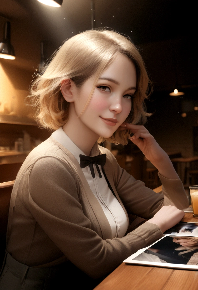 (8k, RAW photo, best quality, masterpiece:1.2), (realistic, photo-realistic:1.37), ultra-detailed,
1 girl,cute, solo,beautiful detailed sky,detailed cafe,night,sitting,dating,(nose blush),(smile:1.1),(closed mouth),large breasts, seductive smile, large aparture, professional lighting, Sony A7R4, Zessie 50mm F1.8,
medium breasts,beautiful detailed eyes,(collared shirt:1.1), bowtie,pleated skirt,(short hair:1.2),floating hair Tsunade senju blonde