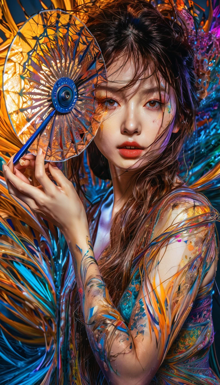 Abstract expressionist Photography abstract beauty, centered, (looking at camera), near perfection, dynamic, neonlight, highly detailed, artstation, concept art, smooth, sharp focus, art by Carne Griffiths and Wadim Kashin. Translucent brushstrokes, bold colors, abstract forms, expressiveness, emotions, official art, unified 8k wallpapers, ((ultra realistic photograph, real skin textures, lively real eyes)), ultra-detailed, beautiful and aesthetic, masterpieces, best quality, (zentangle, mandala, tangled), (fractal art: 1.3),extremely detailed, dynamic angles camera, ((quite a bit body, beauty asian girl)), vibrant colors, romanticism, world ending, ecstasy of beautiful wiring, translucent glowing powered folding fan, outstretched hand to holds,