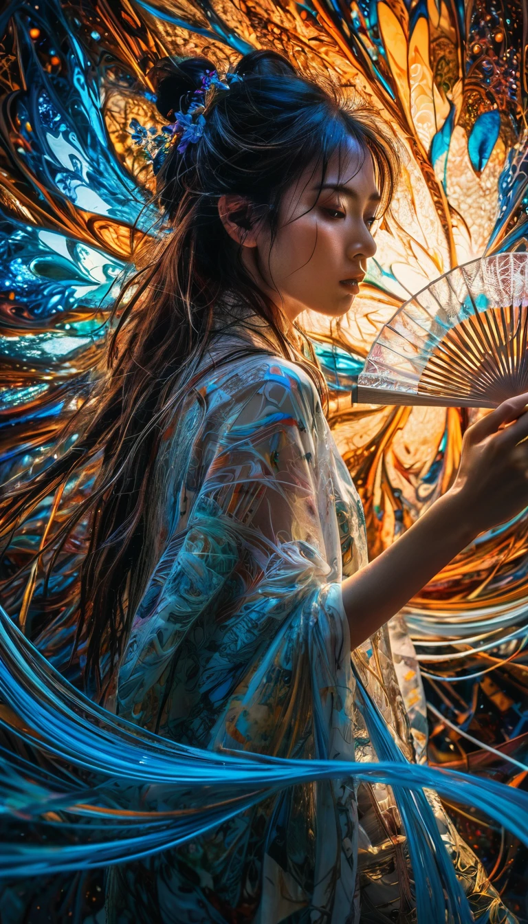 Abstract expressionist Photography abstract beauty, centered, (looking at camera), near perfection, dynamic, neonlight, highly detailed, artstation, concept art, smooth, sharp focus, art by Carne Griffiths and Wadim Kashin. Translucent brushstrokes, bold colors, abstract forms, expressiveness, emotions, official art, unified 8k wallpapers, ((ultra realistic photograph, real skin textures, lively real eyes)), ultra-detailed, beautiful and aesthetic, masterpieces, best quality, (zentangle, mandala, tangled), (fractal art: 1.3),extremely detailed, dynamic angles camera, ((quite a bit body, beauty asian girl)), vibrant colors, romanticism, world ending, ecstasy of beautiful wiring, translucent glowing powered folding fan, outstretched hand to holds,