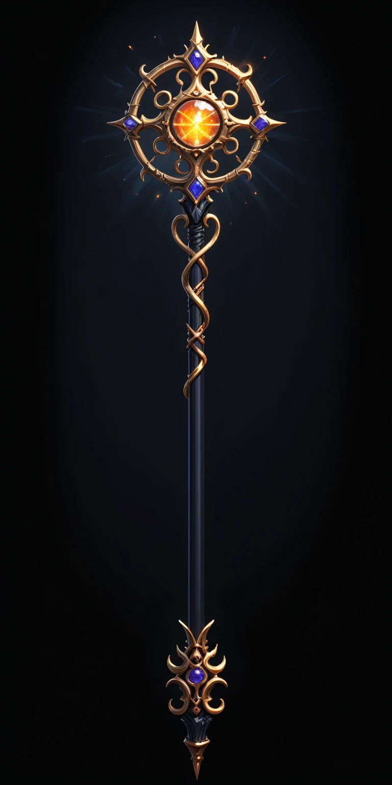 pixel art, cartoon illustration, Divine glavie greatstaff, Powerfull Magical theme, simple black background, RPG game icon
