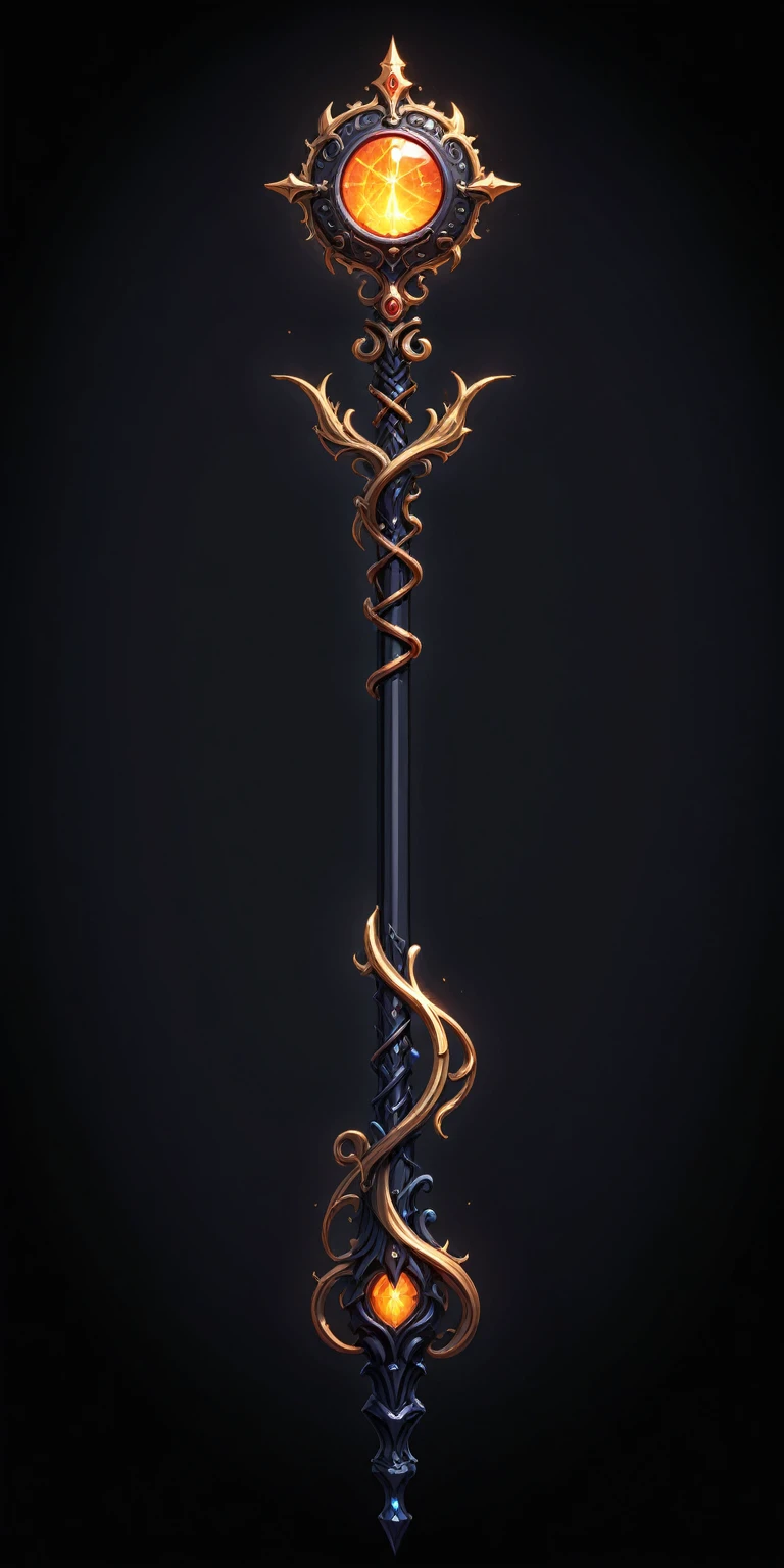 pixel art, cartoon illustration, Divine glavie greatstaff, Powerfull Magical theme, simple black background, RPG game icon