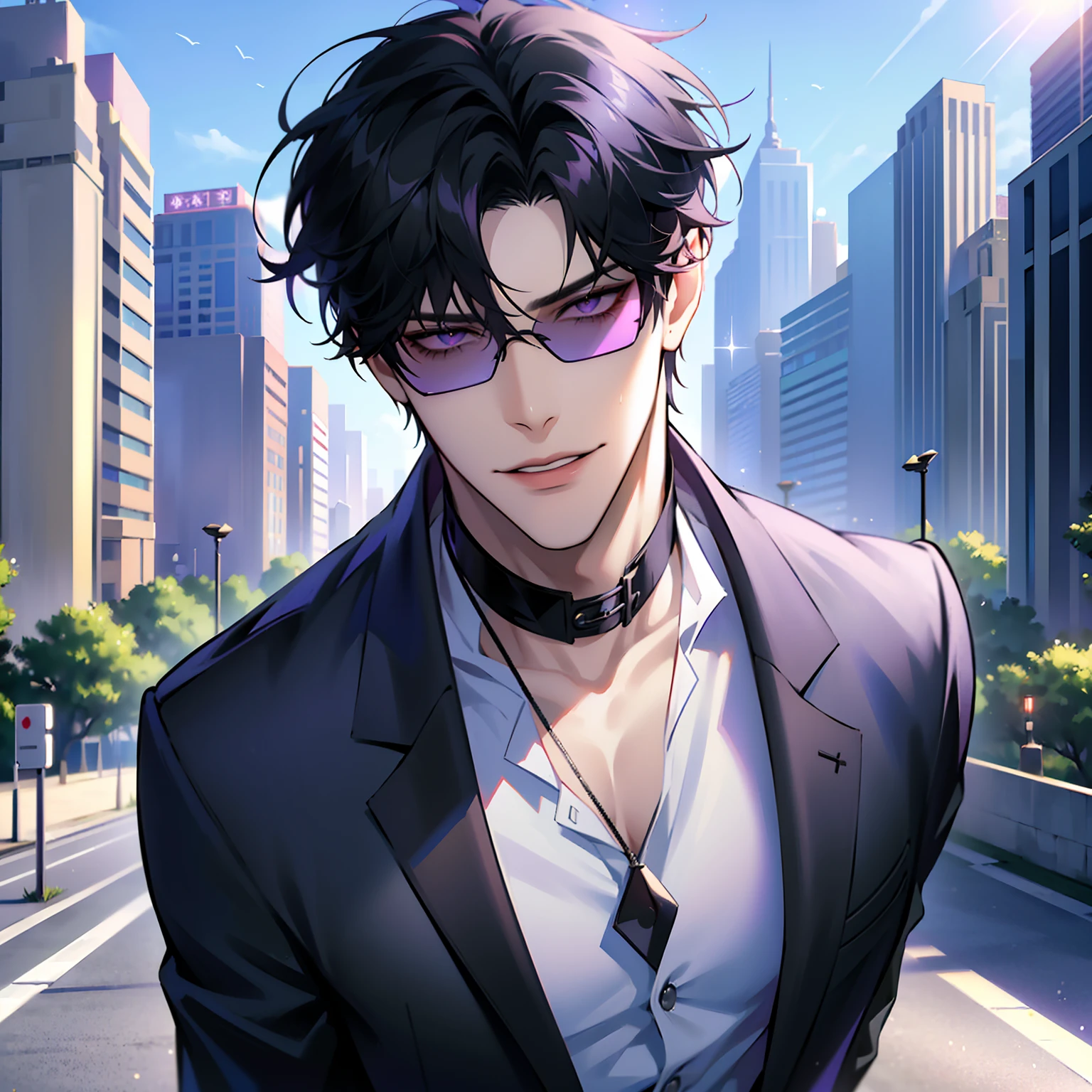 (masterpiece, 4k, high quality:1.3), 1boy, solo, short hair, black hair, asymmetrical fringe, purple eyes, handsome, sharp eyes, (mature male, mature:1.2), male focus, fashionable, tucked in open purple collared shirt, necklace, smile, close up, city, street, sunshine, ((sunglasses)), windy