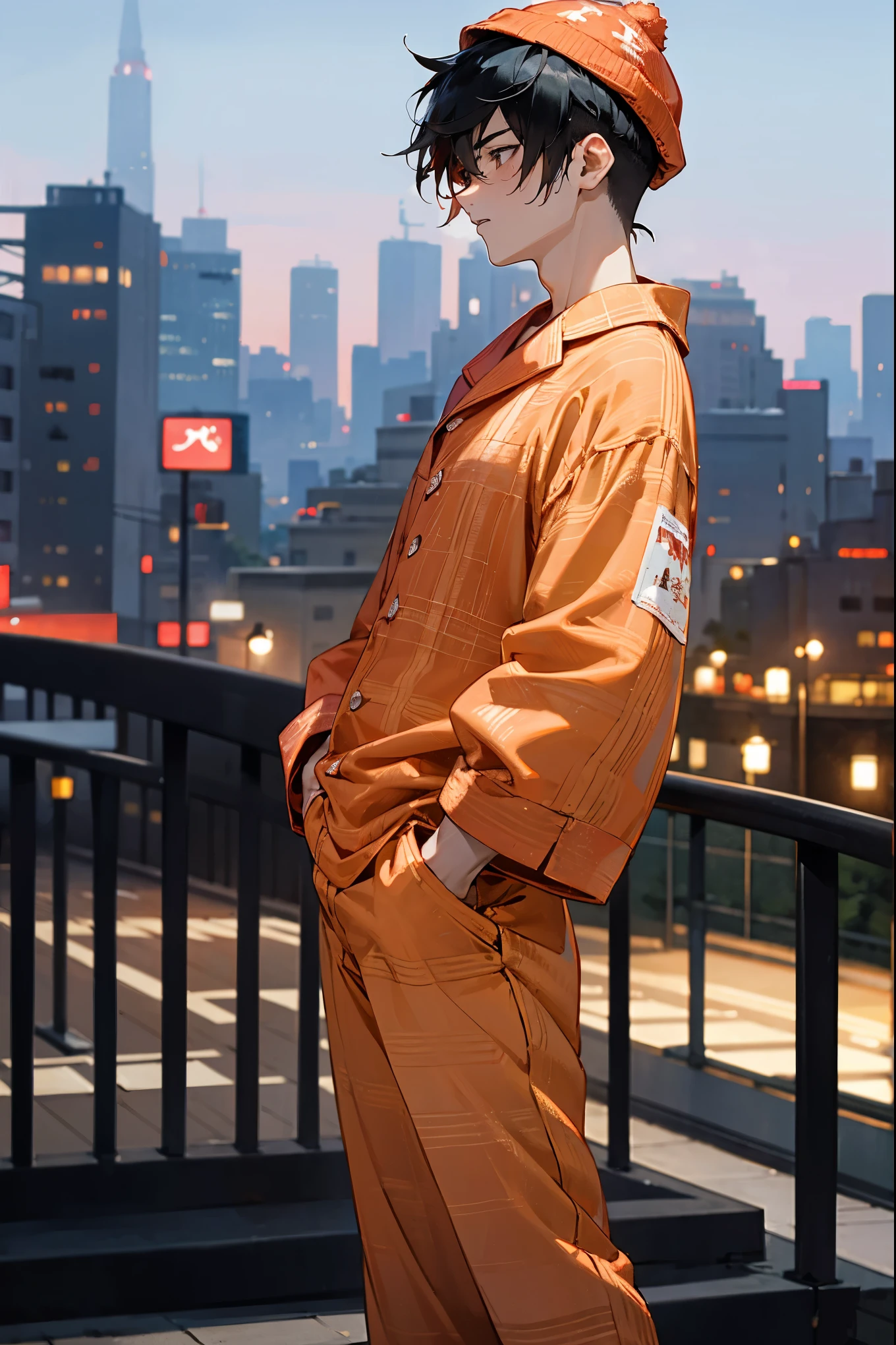 1male, faded undercut hair, red and black hair, yawning, tired, pajamas, pajama hat, city background, detailed background, hands to side, standing on path, night time