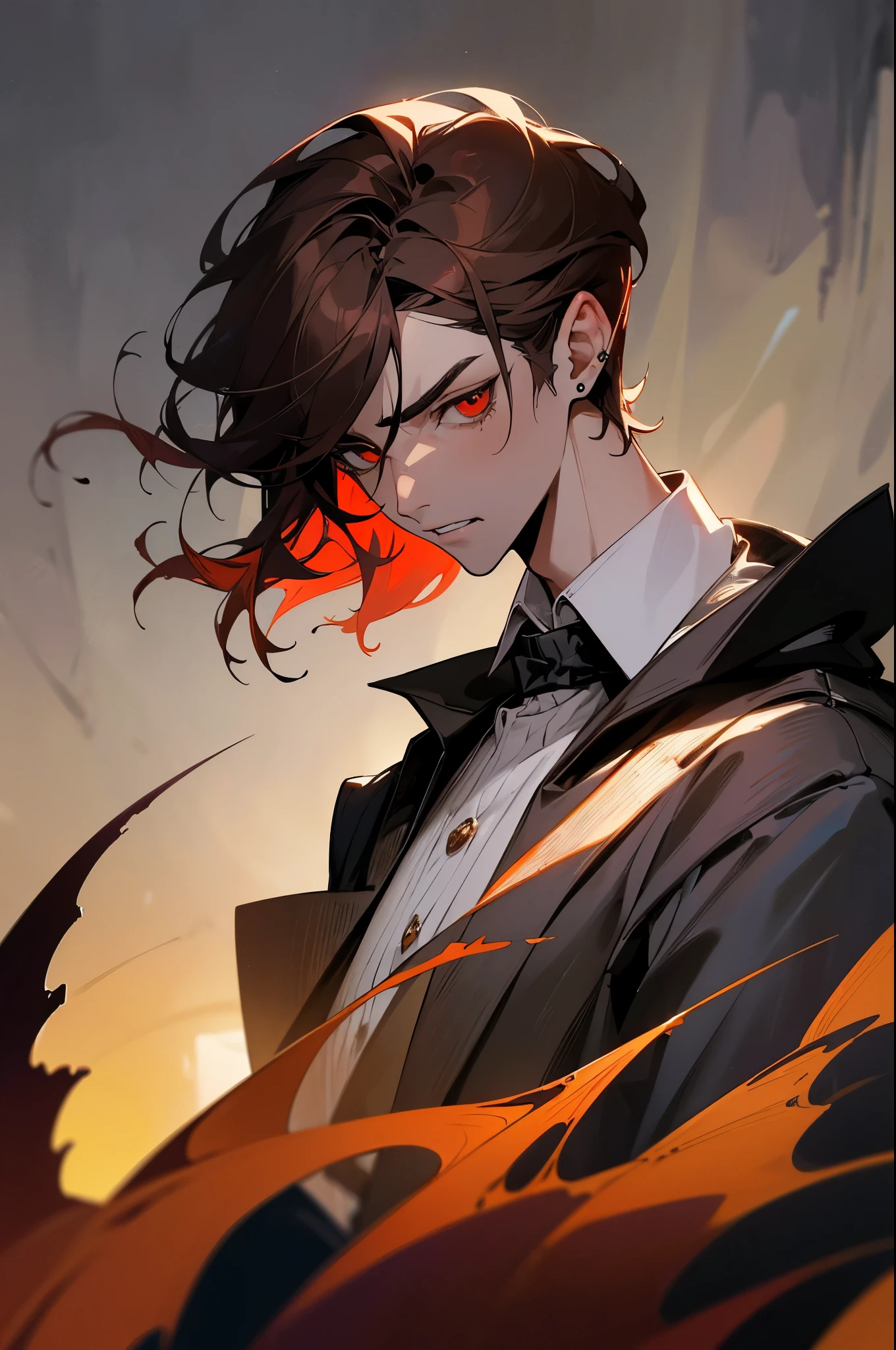 ((tmasterpiece)),(((beste-Qualit))), Close-up of depressed and sad man with brown hair, Grown-up guy, Seductive evil, wearing white shirt, black cloak, black pants Attractive appearance, Subsurface scattering skin, Attractive humanoid, high detail, Skinny fantasy man, Fan art, Art, handsome male, red eyes, depressed mood, sad face, gloomy, fangs, vampire fangs, small pupils, Skinny face, sunken cheeks, Melancholic appearance, sharp chin, Smooth face, earring in the ear, Hair gradient, hair color from brown to red, thin eyebrows, short hair on the side, pixie hairstyle, Wavy Hair, A chilling look, Cool dark shades, Additional lighting, A gloomy picture, Black Darkness, An ominous fire in his eyes, A Necromancer, necromancy, black detailed background, Against the backdrop of the village, graveyard, The Starry Night, bright stars
