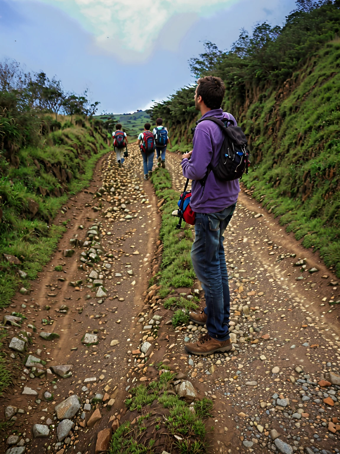 tem gente andando por uma estrada de terra com mochilas, parado na estrada, moving away from the camera, pessoas locais perseguindo para atacar, imagem de qualidade muito baixa, moving away from the camera, tiro distante de corpo inteiro, pessoa em primeiro plano, pessoas andando ao longe, filmagem de baixa qualidade, foto de baixa qualidade, cercando a cidade, ((((estrada de tijolos de terra))))
